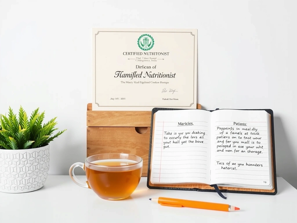 Zertifikat und Arbeitsplatz einer Ernährungsberaterin